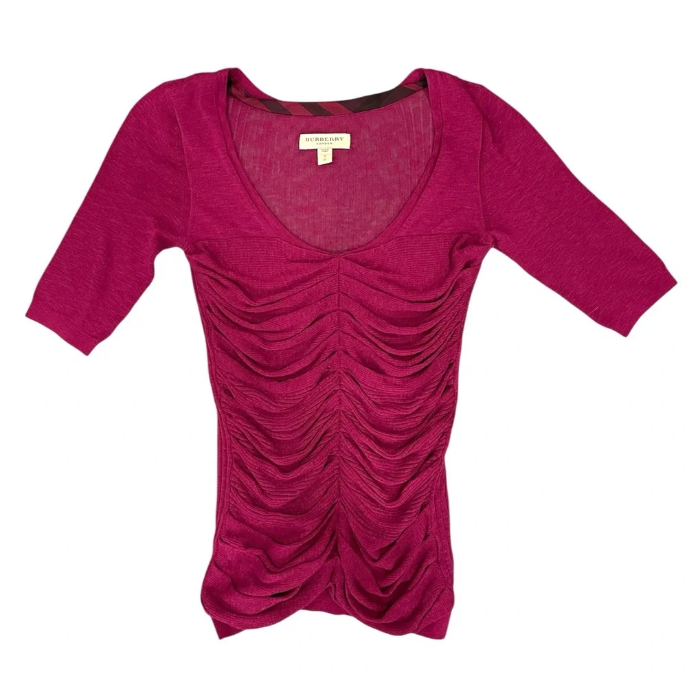 Women’s Y2K Burberry Burgundy V-Neck Ruched Longline Top Blouse / Sweater SMALL - Picture 1 of 11